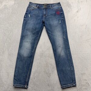 Desigual Jeans Womens 30 Blue Exotic Jeans Slim Distressed Heart Peace